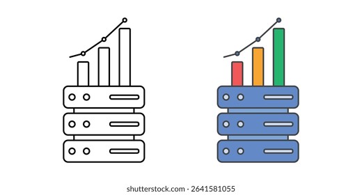 Auto-scaling icon with a server and growing bar chart above it, in outline and color styles, ideal for cloud infrastructure and dynamic resource management.