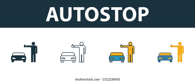 Autostop icon set. Four elements in diferent styles from travel icons collection. Creative autostop icons filled, outline, colored and flat symbols.