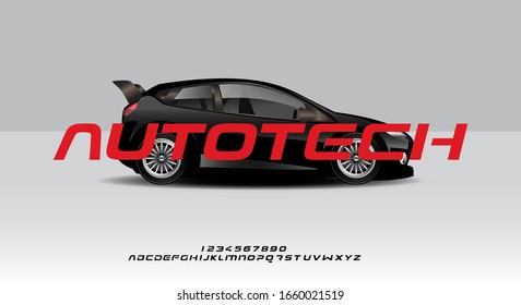 Autotech, a bold modern sporty typography alphabet font, on a car background vector illustration design