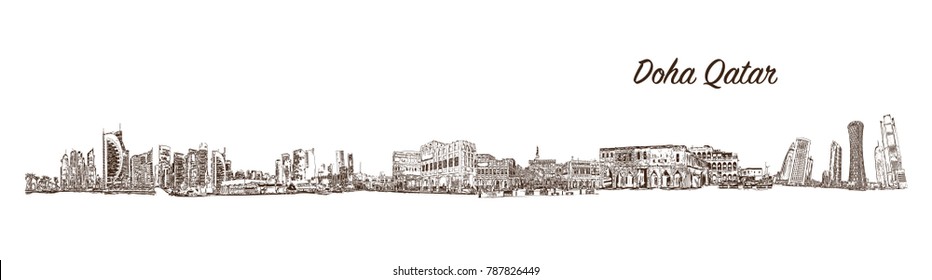 Auto-trace Sketch of Doha City Skyline, Qatar in vector illustration.