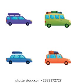 Autotravel icons set cartoon vector. Car with luggage on roof. Road trip, travel concept
