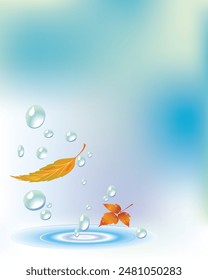 Autum Flying Down with water Drops n blue background gradient