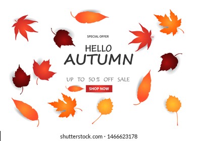 Autum sale background. Hello autumn sale banner design template. Vector illustration