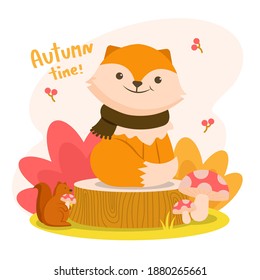 Autumm is happy with the fox on a stump with a squirrel holding a mushroom.