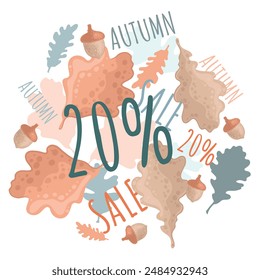 Autumn 20 percent discount on a background of abstract oak leaves and acorns with the inscriptions sale and autumn. Seasonal sales 20 percent. Vector organic pattern.