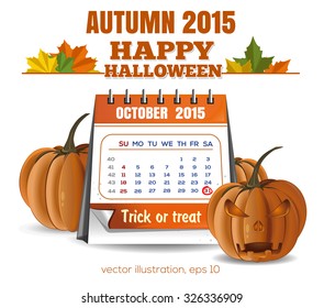 Autumn 2015. October. Halloween calendar. Vector illustration.