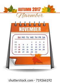 Autumn 2017. Quarterly calendar template November 2017. Vector illustration