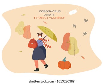 Autumn 2020 during Covid 19. Protect Yourself Outdoor.Schoolgirl Wearing Face Mask and Keep Distance to Prevent Coronavirus in Park.Rainy Weather under Umbrella at Fall sesons.Flat Vector Illustration