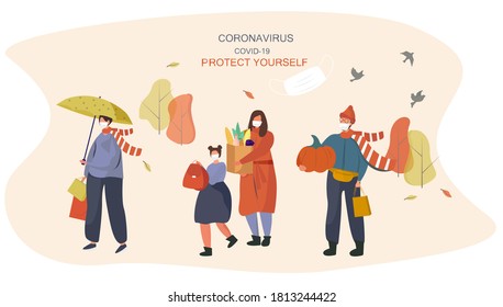 Autumn 2020 during Covid 19. Protect Yourself Outdoor.People Wearing Face Mask and Keep Distance to Prevent Coronavirus in Park.Rainy Weather under Umbrella at Fall sesons.Flat Vector Illustration