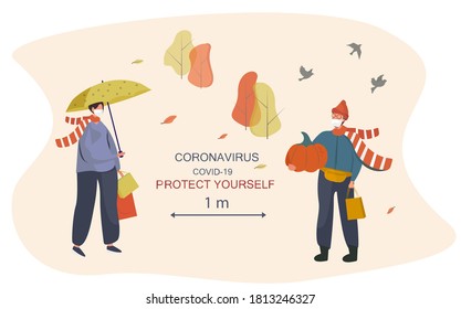 Autumn 2020 during Covid 19. Protect Yourself Outdoor.People Wearing Face Mask and Keep Distance to Prevent Coronavirus in Park.Rainy Weather under Umbrella at Fall sesons.Flat Vector Illustration