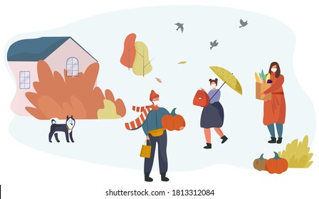 Autumn 2020 during Covid 19. Protect Yourself Outdoor.Family Characters Wearing Face Mask and Keep Distance to Prevent Coronavirus.Rainy Weather under Umbrella at Fall sesons.Flat Vector Illustration