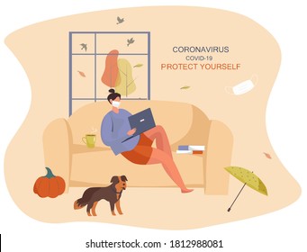 Autumn 2020 during Covid 19.Girl Wearing Face Mask and Holding Cup of Hot Tea at Home.Protect Yourself,Stay Home during Covid19 Pandemic.Autumn Leaves on Background.Flat Vector Illustration