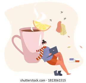 Autumn 2020 during Covid 19.Woman Wearing Face Mask and Holding Cup of Hot Tea with Lemon Slice.Protect Yourself,Stay Home during Covid19 Pandemic.Autumn Leaves on Background.Flat Vector Illustration