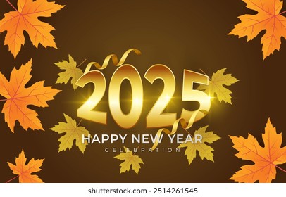 autumn 2025 happy new year template banner with modern 3d text effect and beautiful sparkle luxury shiny ornament abstract gradient brown background design 25