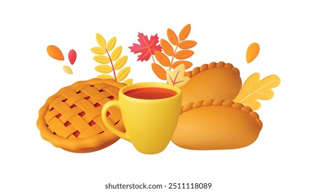 Autumn 3d elements. Cup leaves pie and pastry. Hot tea mug, apple or pumpkin sweet bakery dessert and orange yellow leaf. Render realistic vector food scene