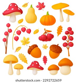 Elementos 3d de otoño, hojas de cascadas, objetos naturales decorativos. Hongos, bellotas plásticas realistas, ramas de bayas y calabazas. Conjunto de vectores piadosos de hoja de arce