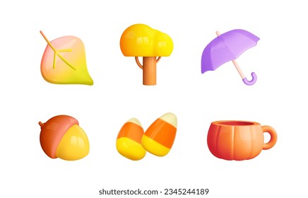 Autumn 3d icon set. Fall leaf, oak tree, umbrella,pumpkin cup, candy, acorn. Vector elements in carton plastic style