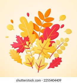 Autumn 3d leaves, leaf yellow bunch. Fall season isolated plants, maple and oak tree 3d foliage. Nature beauty, decorative pithy vector background
