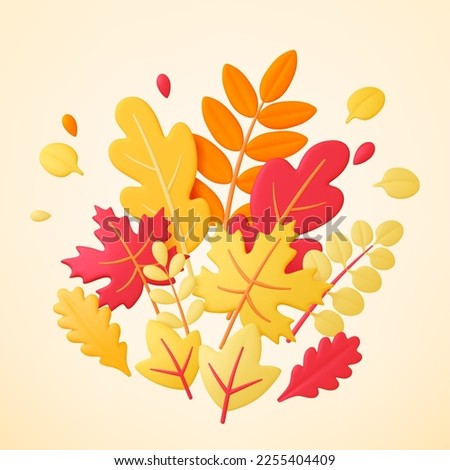Autumn 3d leaves, leaf yellow bunch. Fall season isolated plants, maple and oak tree 3d foliage. Nature beauty, decorative pithy vector background