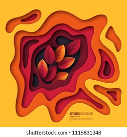 Autumn 3d paper cut background. Abstract shapes with leaves in yellow, orange, purple colors. Design for decoration, business presentation, posters, flyers, prints. Vector illustration.