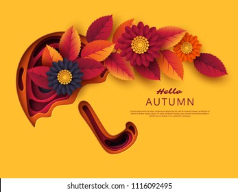 Autumn 3d paper cut umbrella with leaves and flowers. Abstract background with shapes in yellow, orange, purple colors. Design for decoration, business presentation, posters, flyers, prints. Vector.