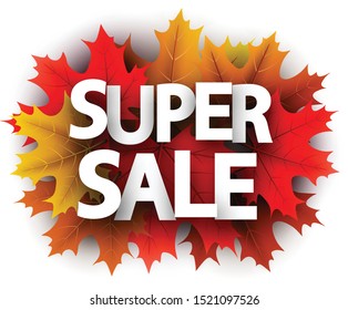 Autumn 3d paper super sale letters over color maple leaves - Vector illustration.
