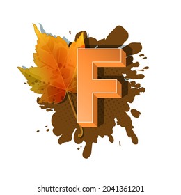 Autumn 3D pop art alphabet, colorful bold letter F and maple leaf on a halftoned and spotted background. Multilayer funny vector letters in retro comic style for websites, posters, comics and banners.