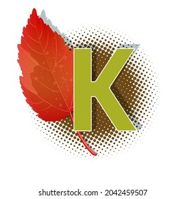 Autumn 3D pop art alphabet, colorful bold letter K and maple leaf on a halftoned. Multilayer funny vector letters in retro comic style for websites, posters, comics and banners.