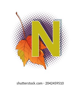 Autumn 3D pop art alphabet, colorful bold letter N and maple leaf on a halftoned background. Multilayer funny vector letters in retro comic style for websites, posters, comics and banners.