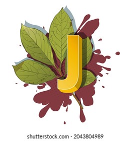 Autumn 3D pop art alphabet, colorful bold letter J and lilac leaves on a halftoned and spotted background. Multilayer funny vector letters in retro comic style for websites, posters, banners.