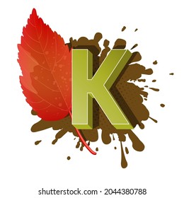 Autumn 3D pop art alphabet, colorful bold letter K and maple leaf on a halftoned and spotted background. Multilayer funny vector letters in retro comic style for websites, posters, comics and banners.