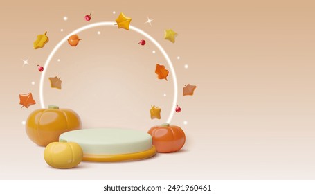 Autumn 3d realistic vector podium. Product background render with neon ring, sparkles, flying leaves and pumpkins. 