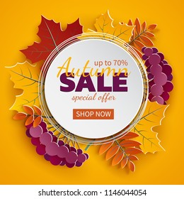 Autumn 3d sale banner, paper frame, colorful tree leaves on yellow background. Autumnal design for fall season greeting card, sale banner, poster, flyer, web site, paper cut style, vector illustration