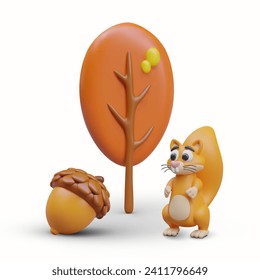 Autumn 3D set in plasticine style. Yellowed tree, ripe acorn, toothy squirrel. Forest character and decorative elements for seasonal scenes and compositions