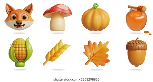 Herbst 3D-Vektorsymbol-Set.
Fuchskopf, Pilze, Kürbis, Honig, Mais, Weizenähren, Ahornblätter, Ahorn