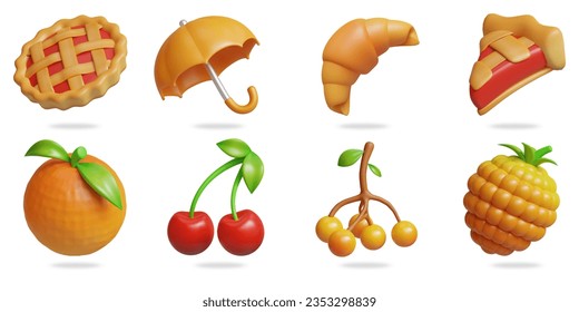 autumn 3D vector icon set.
pie,umbrella,croissant,pie slice,orange,cherry,rowan,raspberry