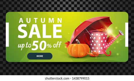 Autumn, up to 50% off, discount web banner for your website with garden watering can, umbrella and ripe pumpkin