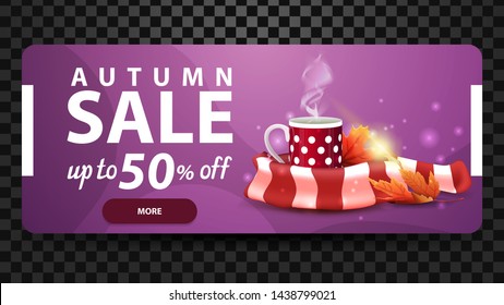 Autumn, up to 50% off, discount web banner for your website with mug of hot tea and warm scarf