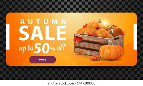 Autumn, up to 50% off, discount web banner for your website with wooden crates of ripe pumpkins and autumn eaves