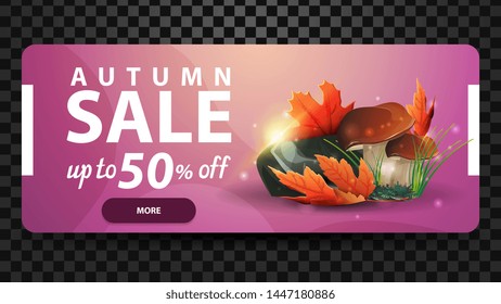 Autumn, up to 50% off, discount web banner for your website with mushrooms and autumn leaves