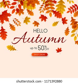 Autumn up to 50% off sale. Promotion poster with golden leaves. Shop online. Vector background. 