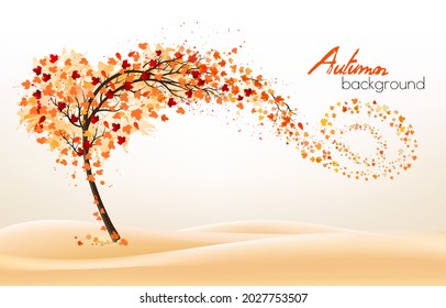 Fondo absctacto otoñal con un árbol y hojas coloridas. Vector.