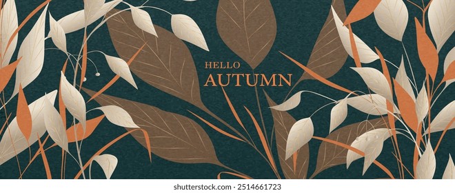 Fondo de arte abstracto de otoño con hojas en una rama. Anuncio de otoño botánico con hojas para decoración, portada, póster, embalaje, redes sociales, saludos.