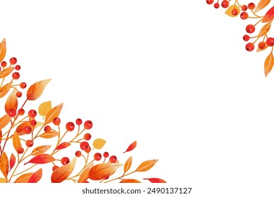 Autumn abstract background with beautiful watercolor leaves and berries. Frame with a pattern of leaf fall. Corner with autumn botanical elements. Vector illustration