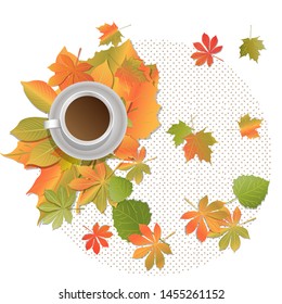 Autumn abstract background decorated with maple, chestnut and aspen leaves with a Cup of coffee. Vector. To design websites, posters, leaflets, etc.