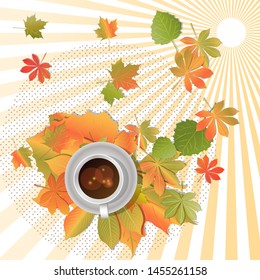 Autumn abstract background decorated with maple, chestnut and aspen leaves with a Cup of coffee. Vector. To design websites, posters, leaflets, etc.