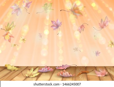 Autumn abstract background with falling maple and oak leaves lit by sunlight