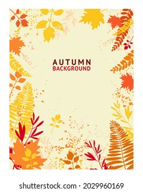 Autumn abstract background. Frame of yellow and orange  falling leaves. Bright banner, poster, cover design template, social media wallpaper story, autumn sale. Vector illustration