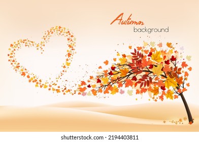 Autumn Abstract Background With  Heart Shaped Colorful Leaves And Autumn Tree. Vector.