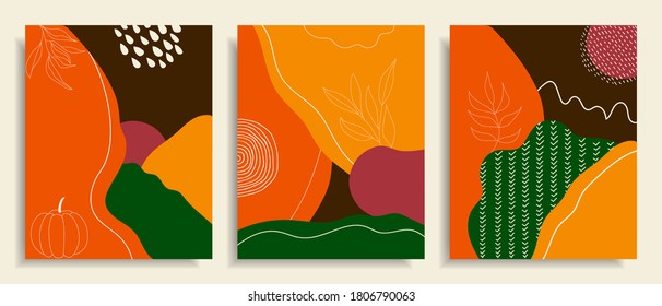 Afiches de fondo abstractos de otoño con formas líquidas dibujadas a mano y líneas de líneas de curvas. Plantilla de diseño contemporáneo con patrón paisajístico en colores otoñales. Cartel de otoño, volante. Ilustración vectorial.